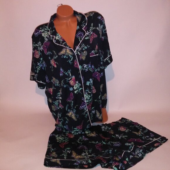 Victoria Secret Pajama Set Top & Bottom XXL 2X Modal Navy Blue Butterfly Garden - Picture 4 of 12